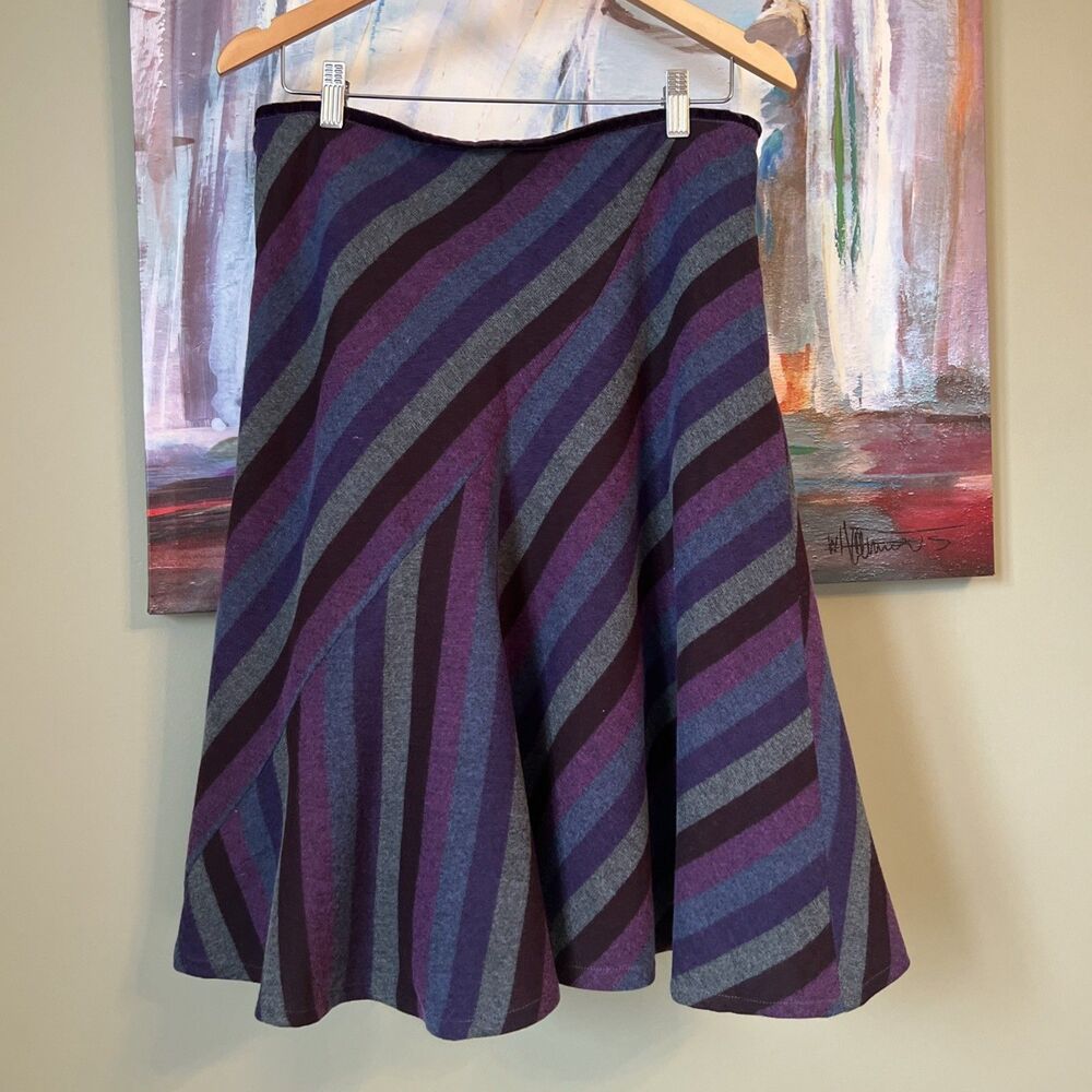 Brora Sz 12-14 Ladies Wool Blend Skirt Striped Blue Purple England EXCELLENT